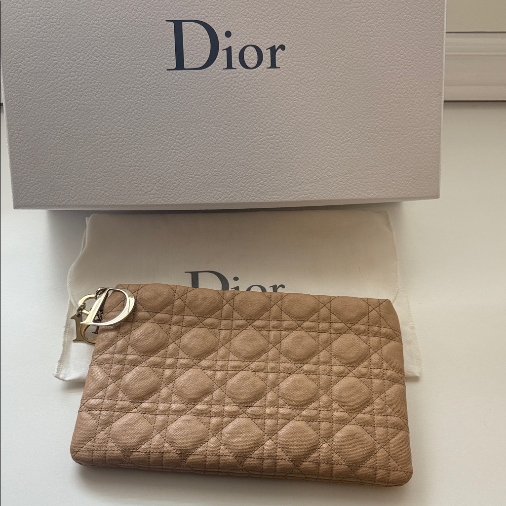 Authentic Dior Quilted Beige Clutch With Gold Mental Logo